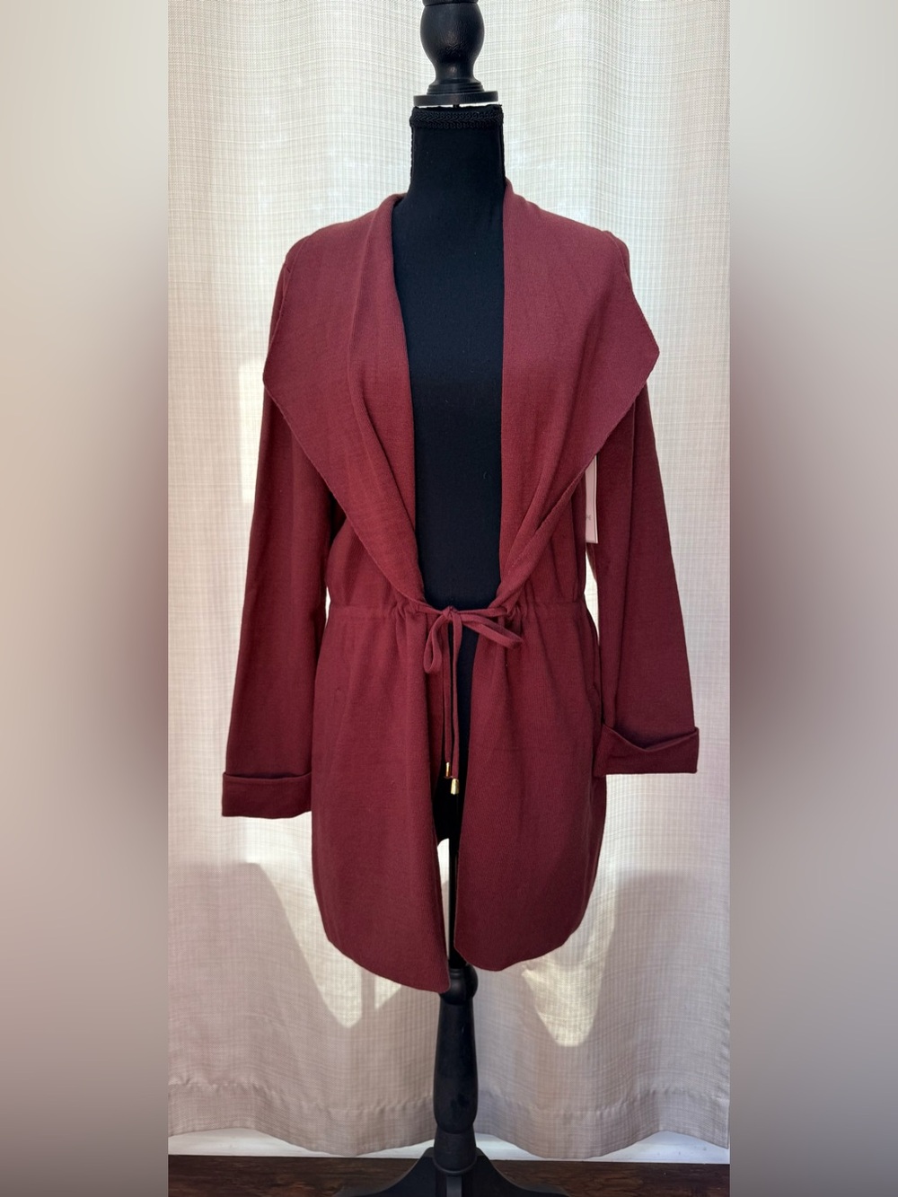 Calligraphie Burgundy Red Shaw Collar Tie Front Cardigan Sz M Career Classic NWT
